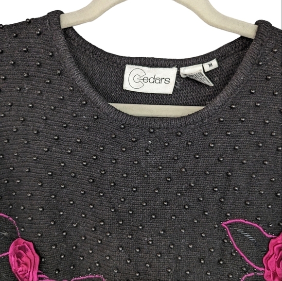 Vintage 80s Silk Angora Floral Beaded Sweater Black Pink Roses Whimsigoth Size M - Picture 7 of 11